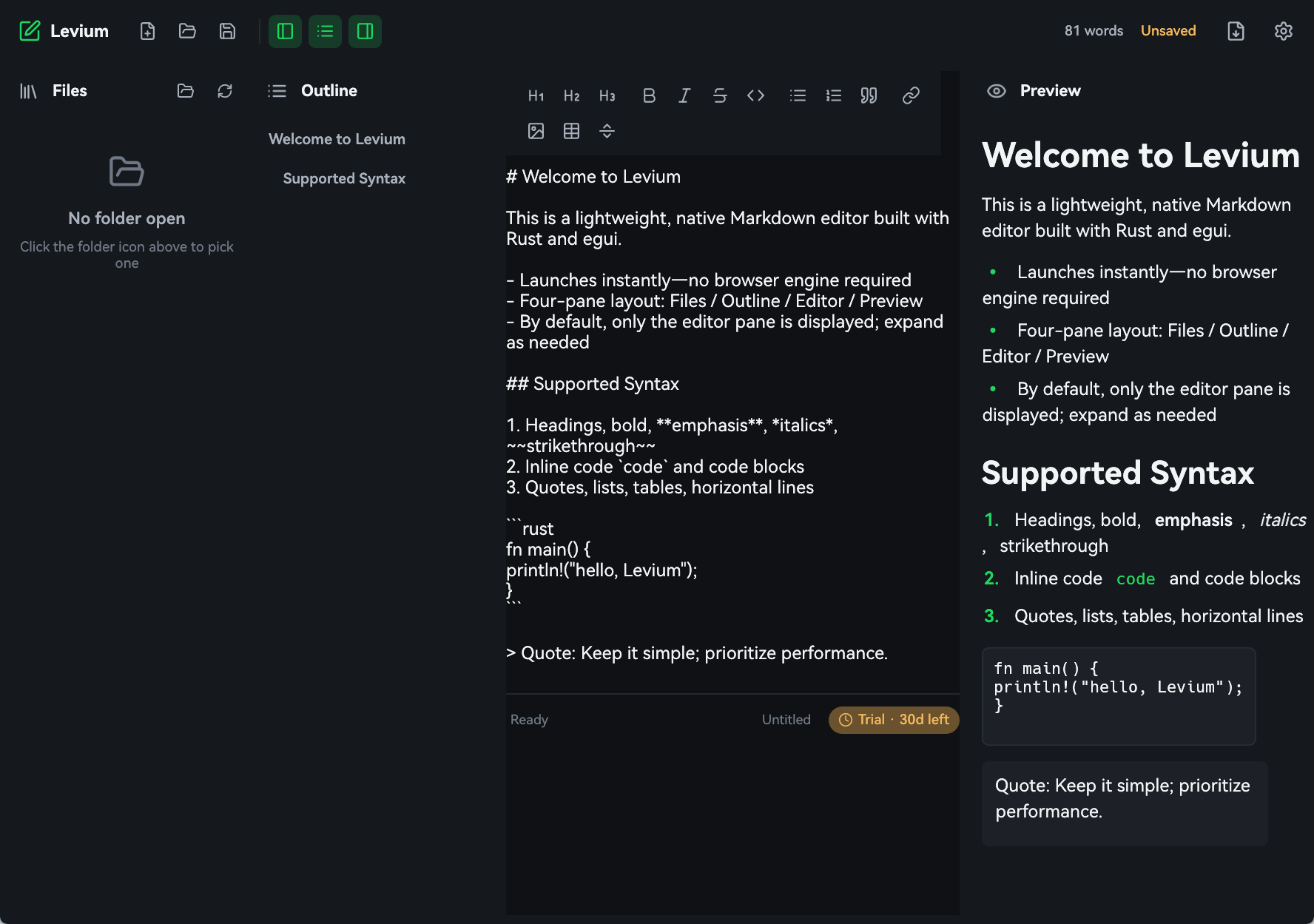 The levium editor window in dark theme, with the file panel, outline, Markdown source and live preview side by side