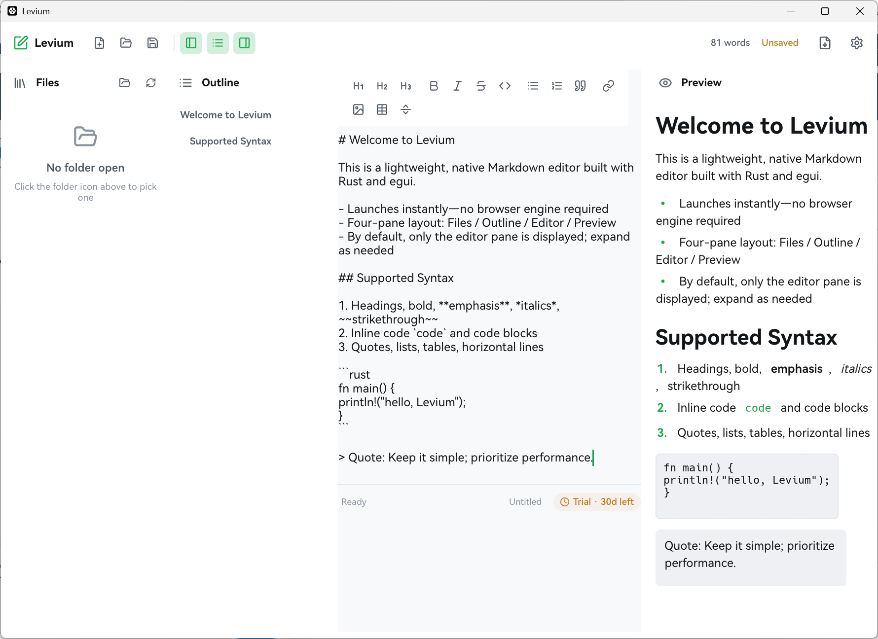 levium in light theme, showing the file panel, outline, editor and preview side by side