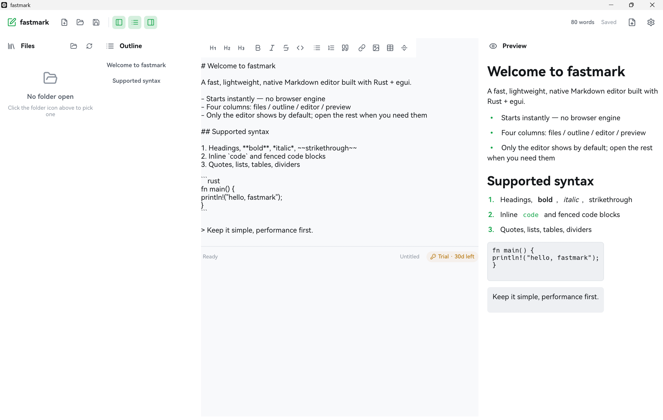 The speedmark editor window, with the file tree, outline, Markdown source and live preview shown side by side